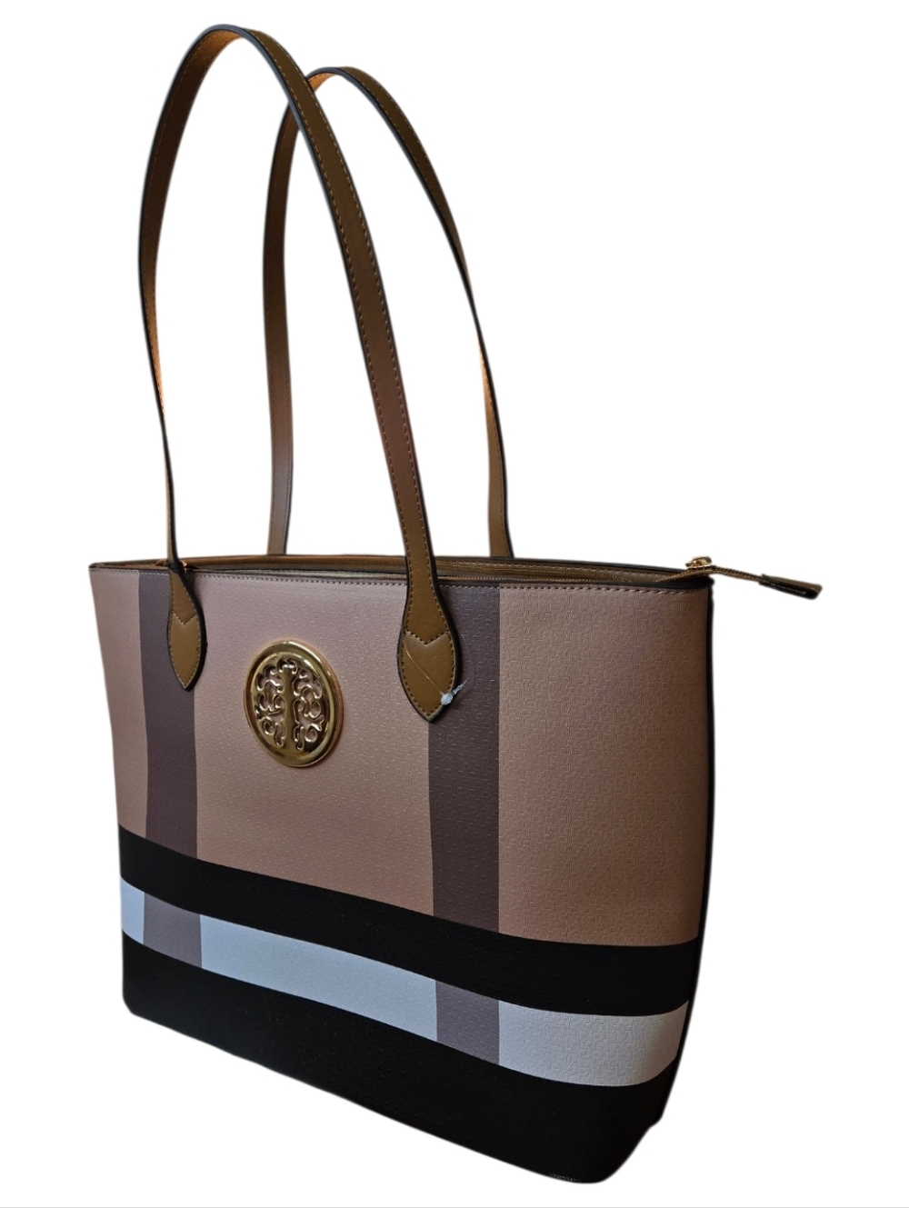Deluxity Like New Taupe and Black Stripe Tote Bag with Gold Emblem - Picture 11 of 11
